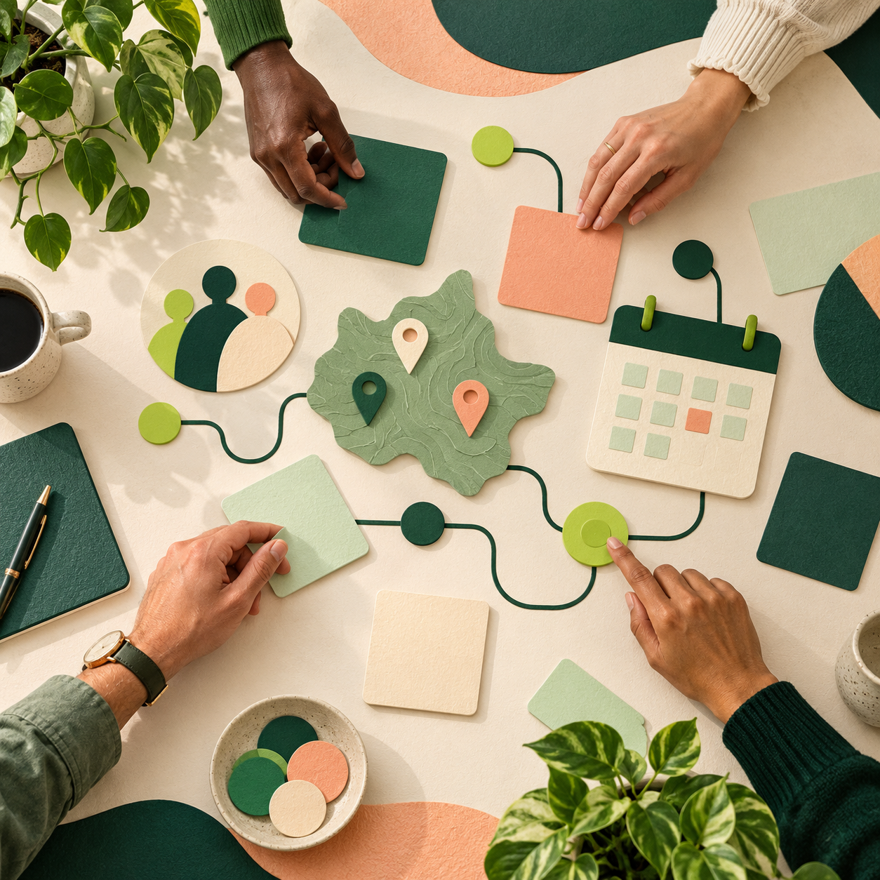 Illustration of hands arranging planning cards and site markers around a table